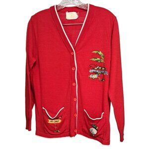 Womens Golf Cardigan Sweater Red Vintage Andrew Argenti Embroidery Acrylic Count